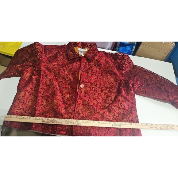 NEW COLDWATER CREEK SZ pxl RED EMBROIDERED/BEADED/SEQUINED/SCROLL FLOCKED JACKET - Picture 1 of 10